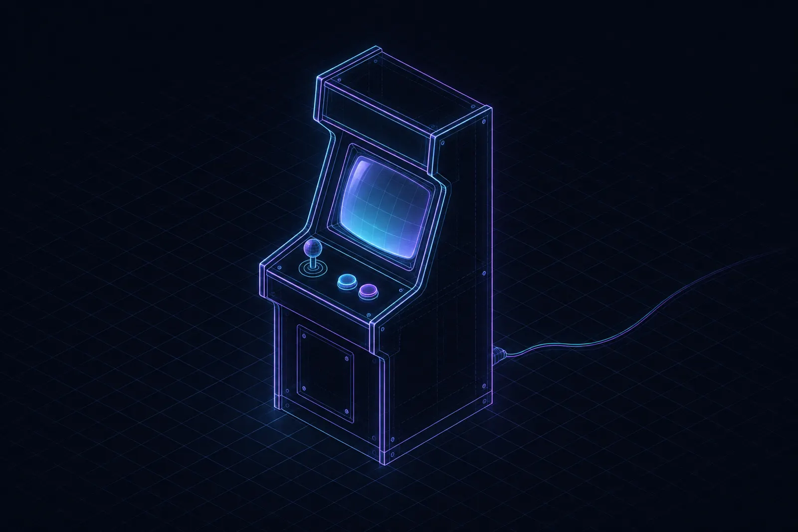 an isometric arcade cabinet with a glowing screen, joystick, and two buttons, a single power cable trailing away