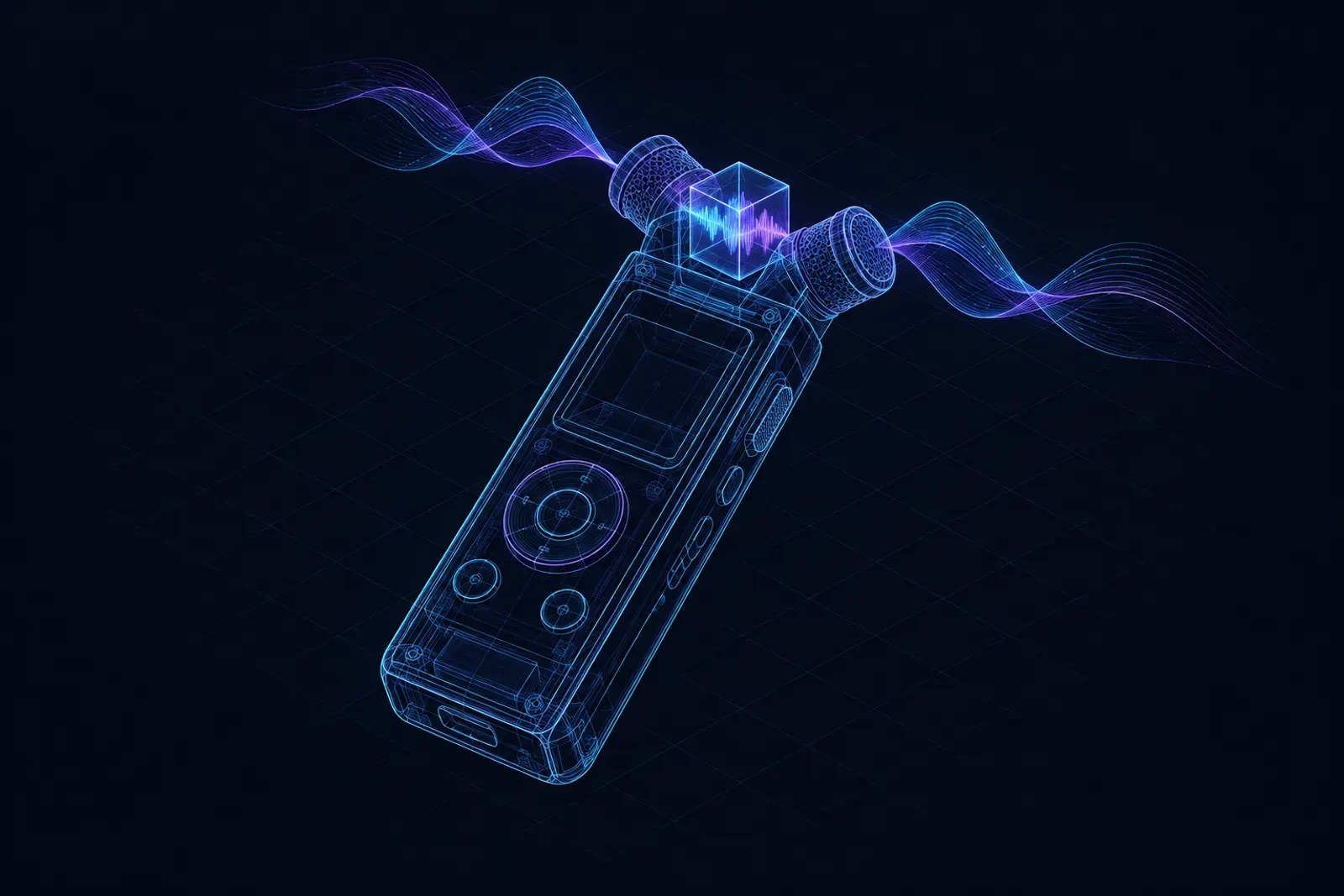 an isometric handheld voice recorder with waveform ribbons entering a small crystal cube