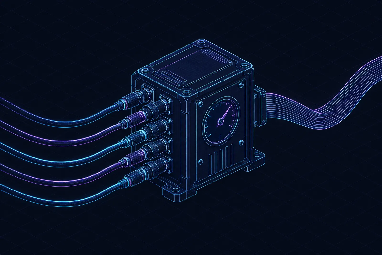 an isometric switchboard/relay box with five cables plugging in on one side and a single ribbon leaving the other, a small gauge dial on the front
