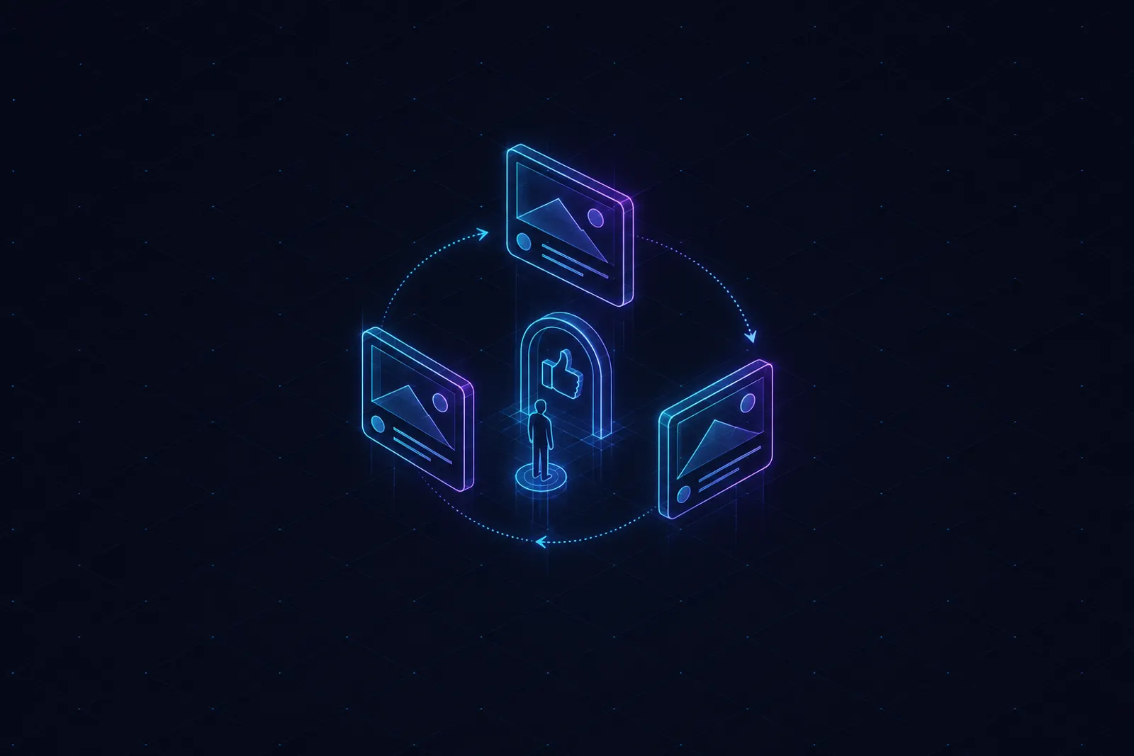 an isometric loop of three floating ad-card rectangles orbiting a small thumbs-up gate with a person-silhouette at the gate
