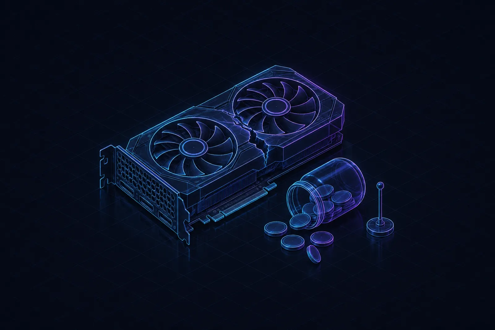 an isometric GPU card with a small crack and a spilled coin jar, one tiny checkpoint flag missing from a flag stand (no text)
