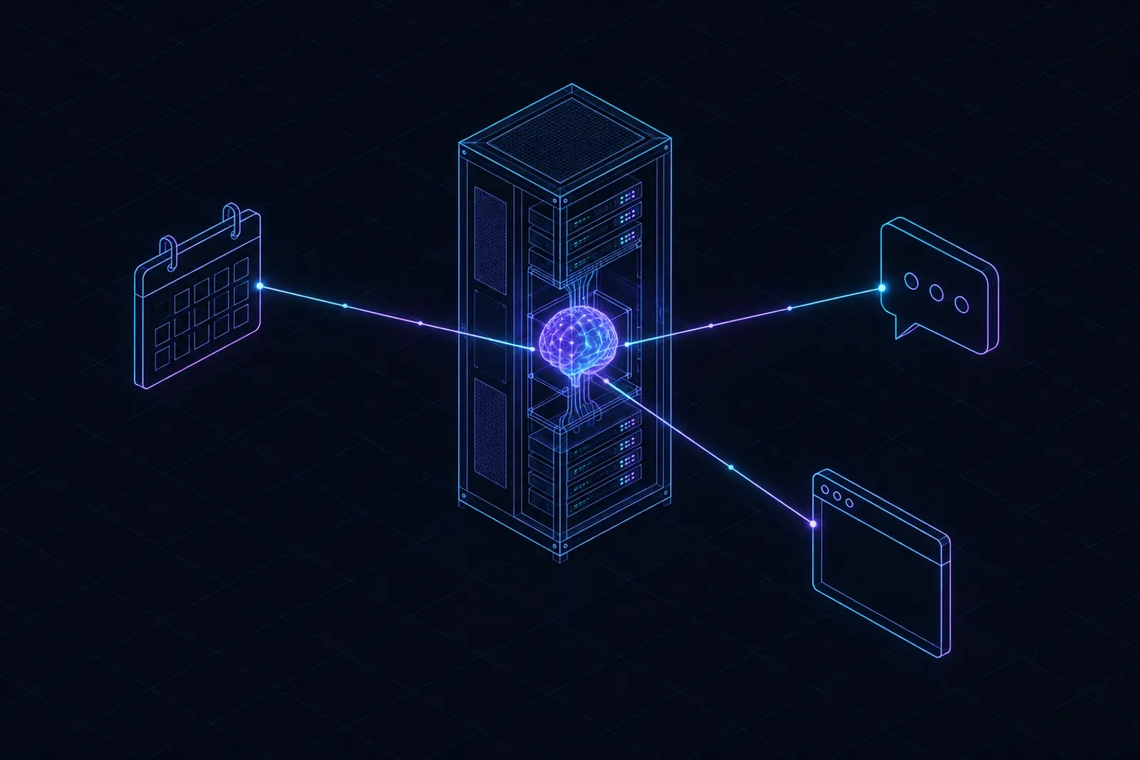 an isometric server rack with a small glowing brain-shaped core inside, three thin light beams leaving it toward a calendar, a chat bubble, and a browser window drawn as simple wire shapes