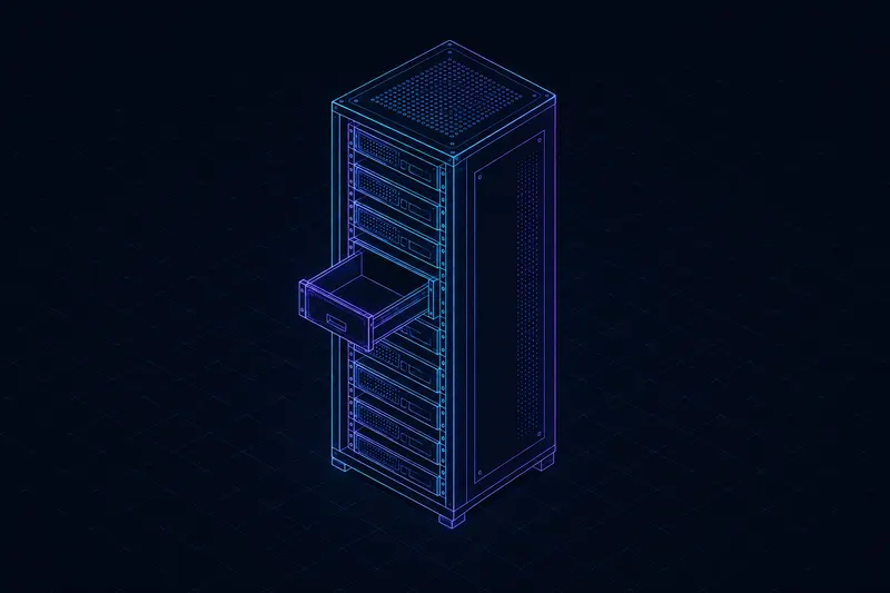 an isometric home server tower with many small container boxes stacked inside like drawers, one drawer open