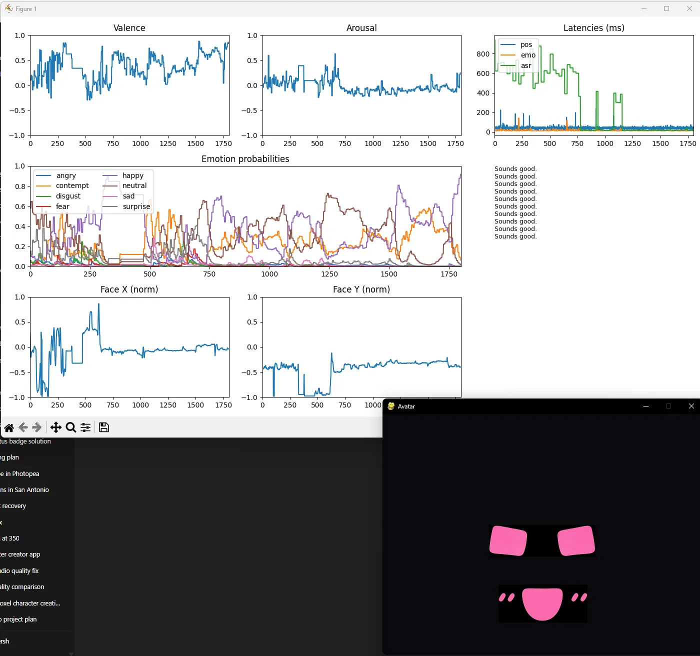 screenshot of the LED mask's telemetry, valence and arousal plots and the avatar face window