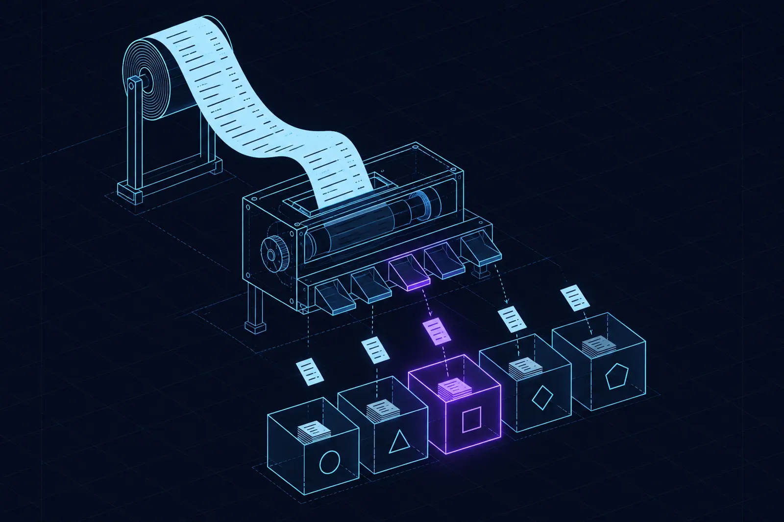 an isometric grocery receipt feeding a sorting machine with a row of bins beneath it, one bin glowing