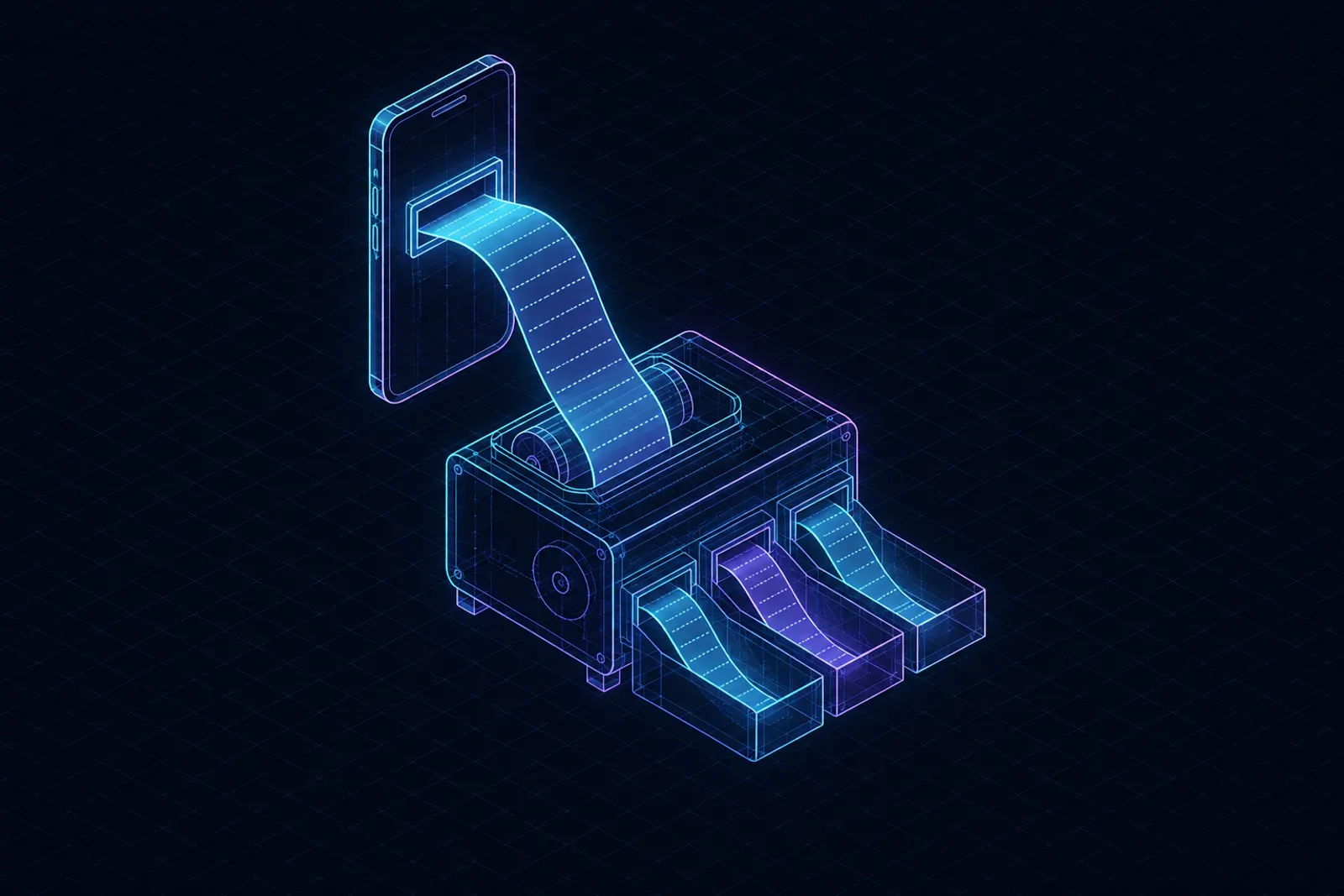 an isometric grocery receipt curling out of a phone screen into a sorting machine with three chutes
