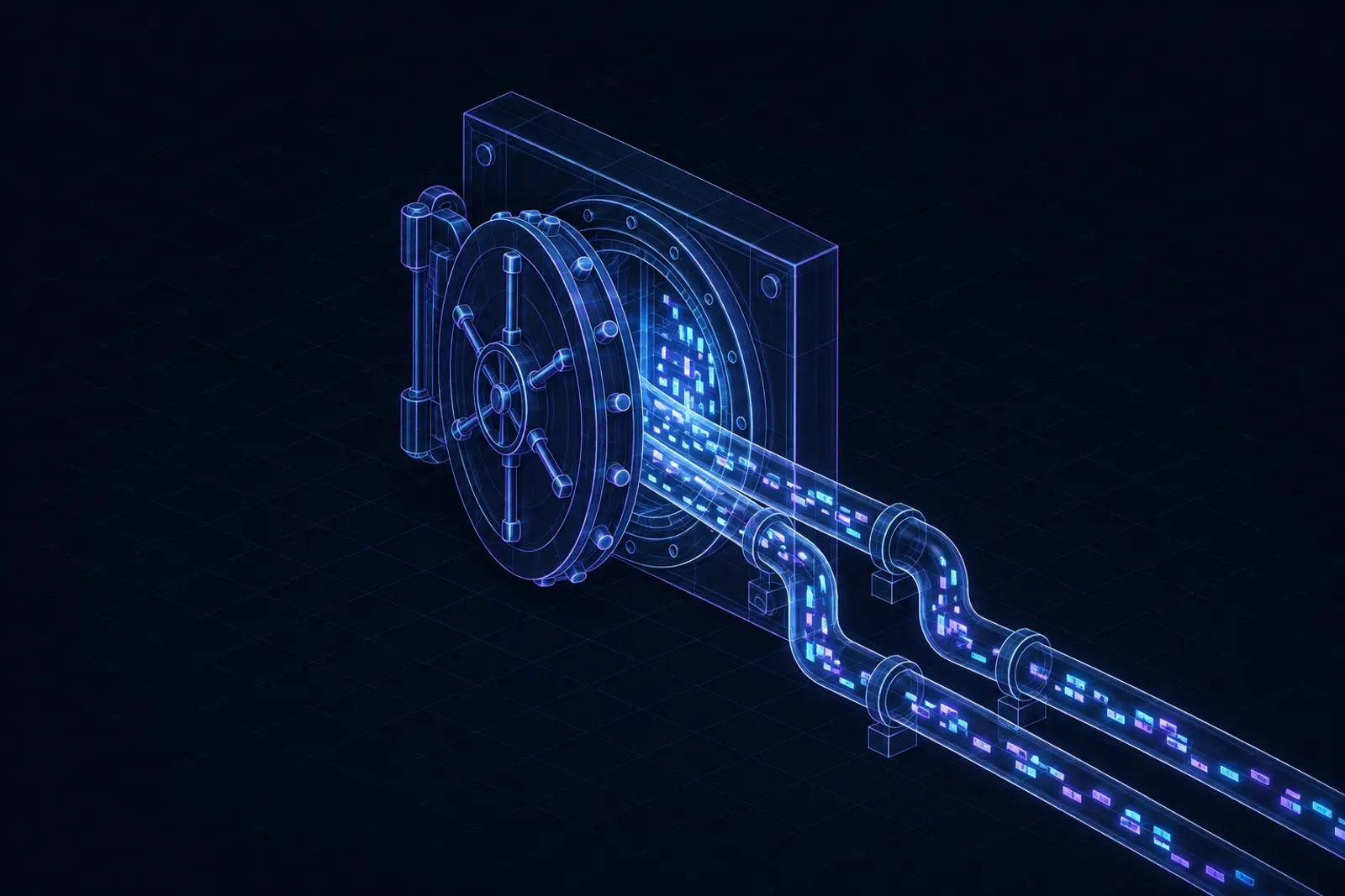 an isometric bank-vault door with two glowing data pipes carrying small packets out of it