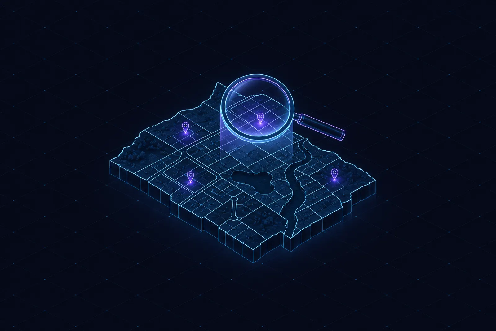 an isometric county map tile with property parcels outlined, a magnifying glass hovering, small pins with tiny glow