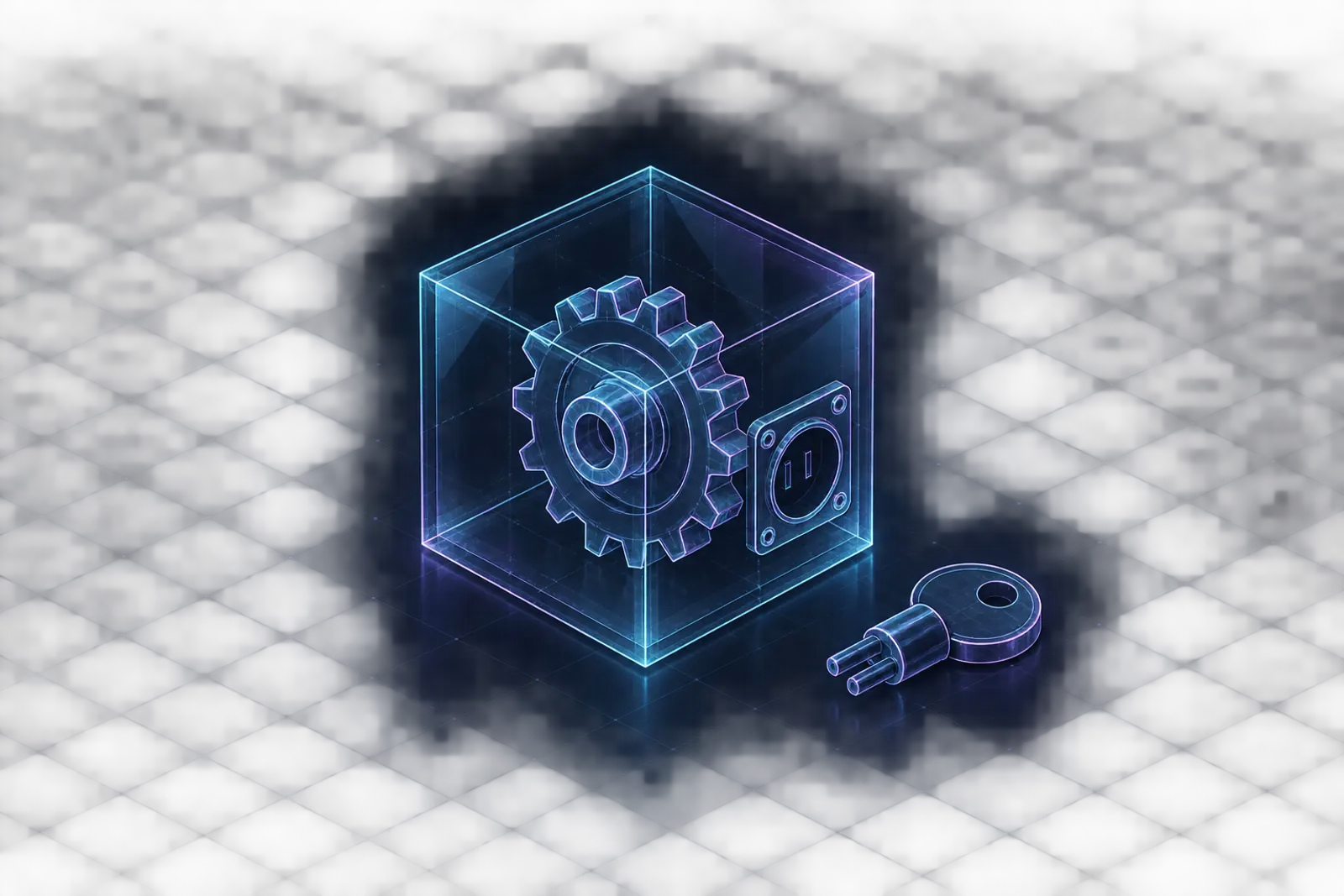 an isometric glass cube containing a single gear, with a plug socket on its side and a key