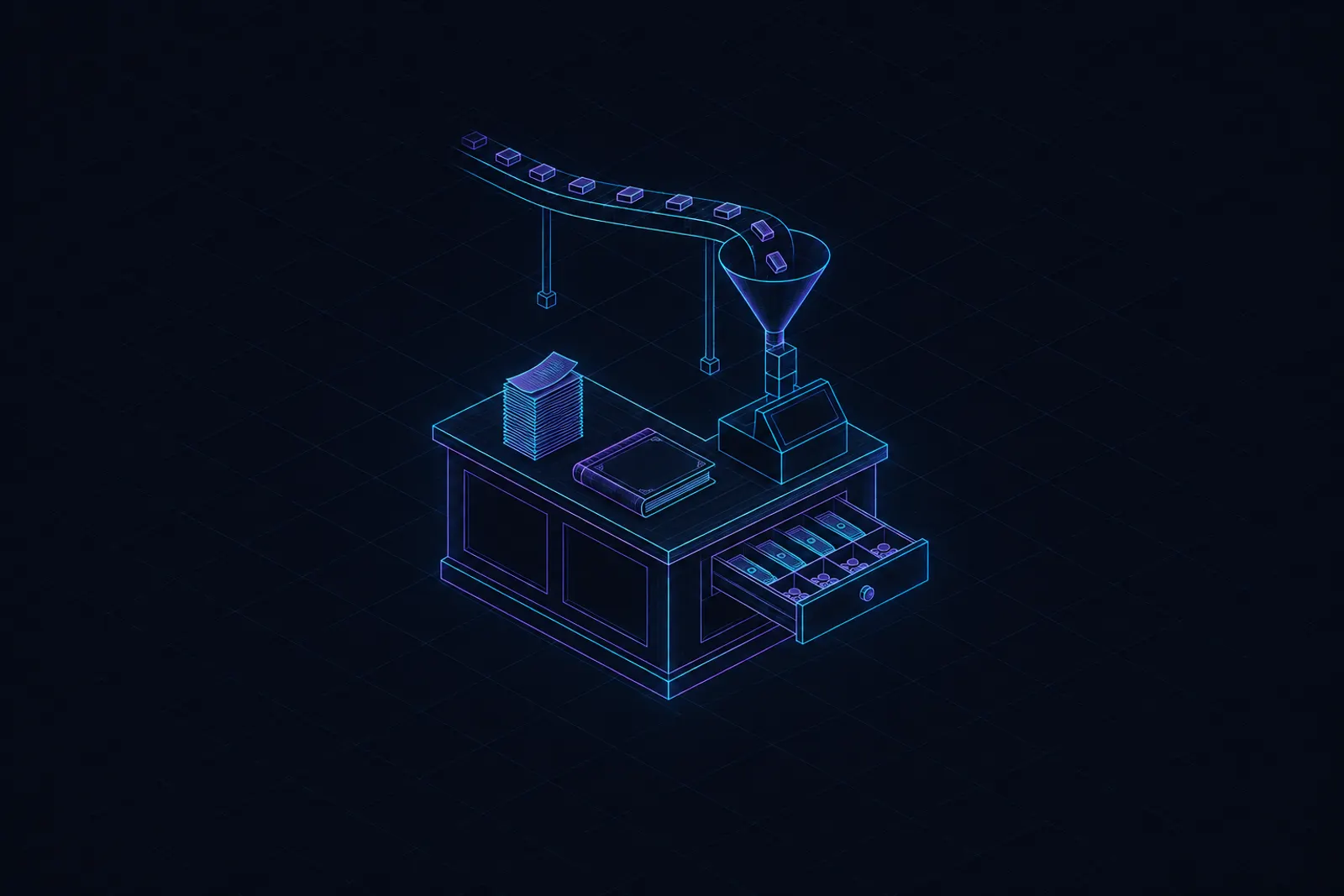 an isometric shop counter with a cash drawer open, a stack of receipts, and a ledger book, a thin conveyor of tiny rectangles feeding a funnel