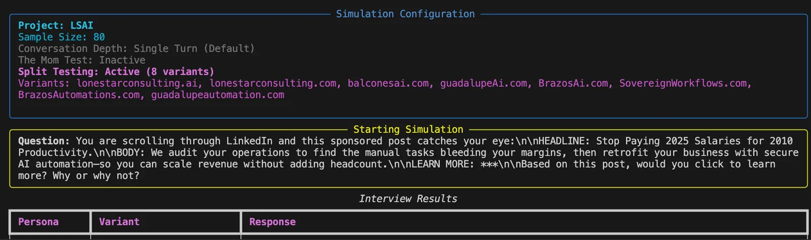 screenshot of the VibeTest command line running a simulated split test over a persona population