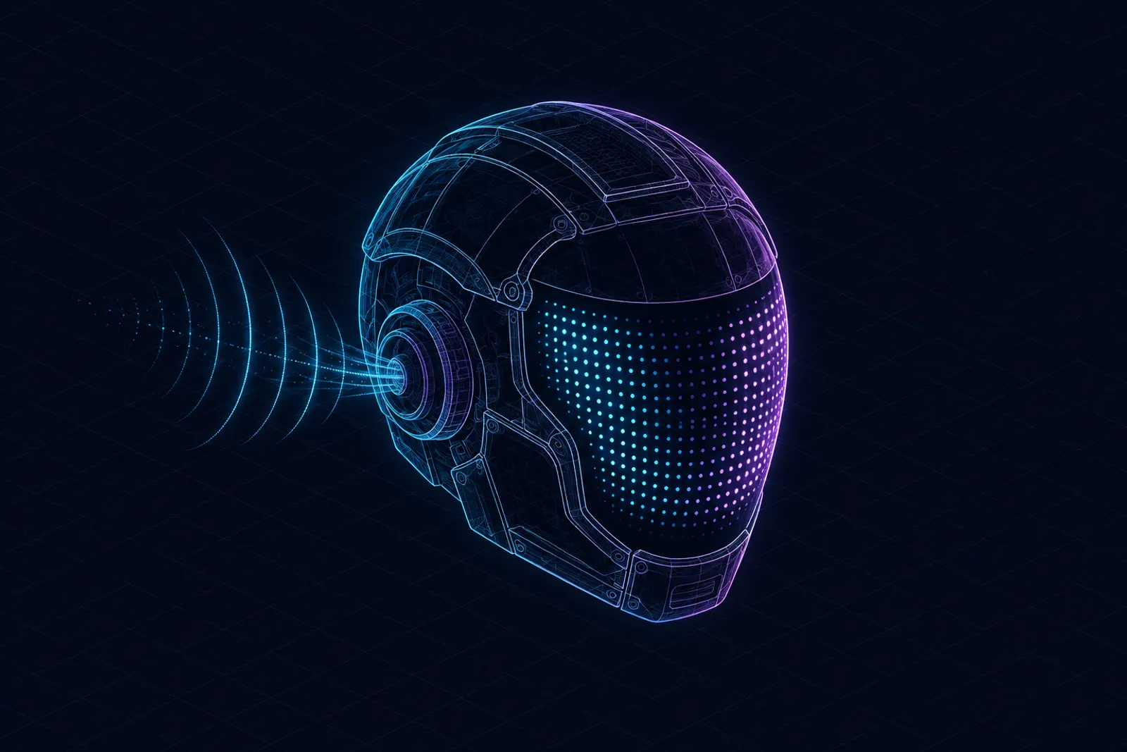 an isometric helmet with an LED dot-matrix face, sound waves entering one side
